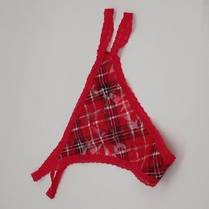 VS‎ PINK Lace Strappy Thong Panty Red Pepper Plaid L